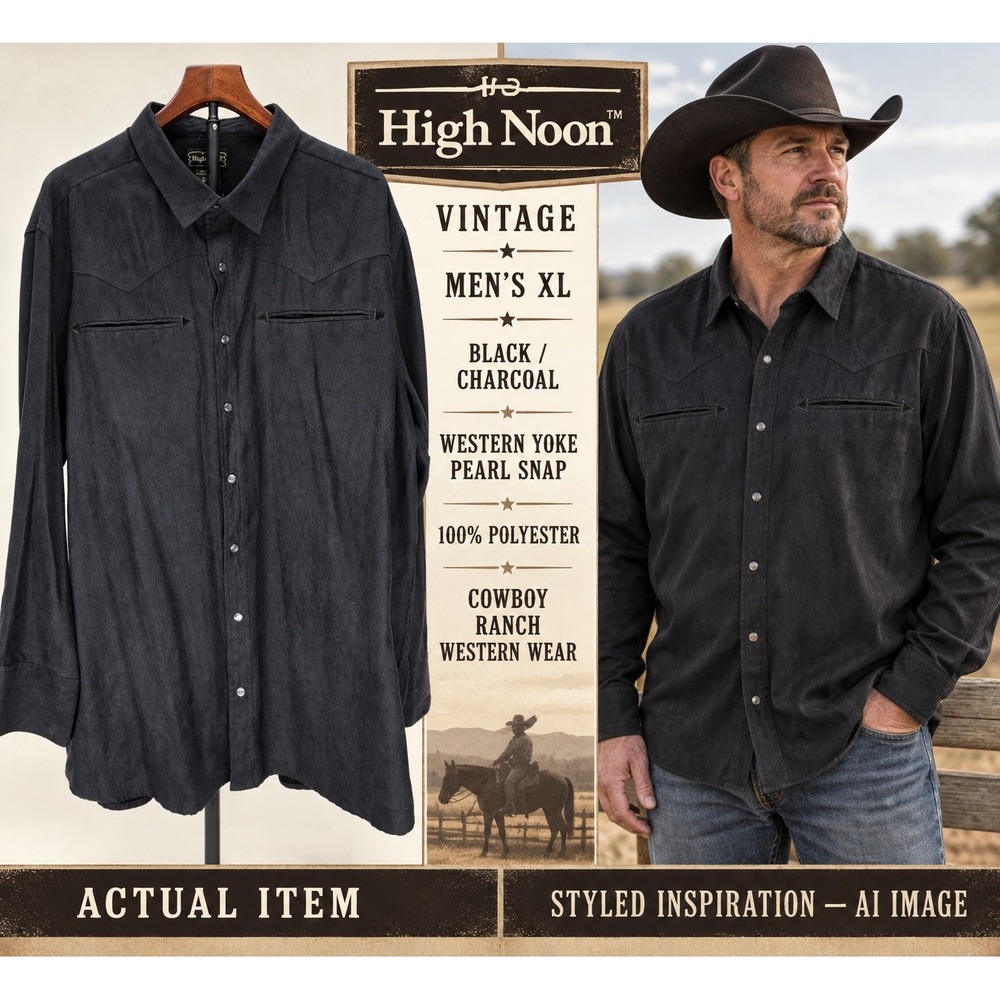Vintage High Noon Mens Y2K Western Shirt Black Pearl Snap Cowboy Rodeo. NWOT‎ XL